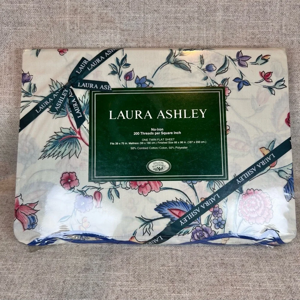 Laura Ashley Vintage Chinese Silk Floral twin size flat sheet scalloped edge NWT